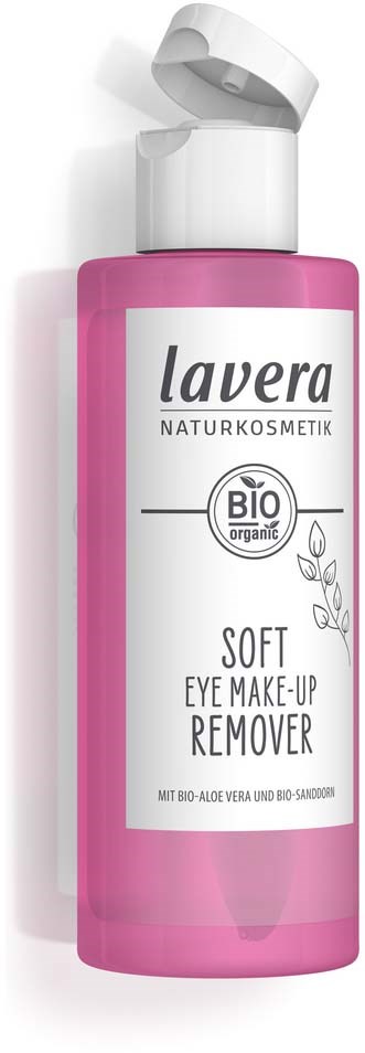 Rosa Flasche mit weißem Pumpkopf, Etikett zeigt Bio-Organic-Augen-Make-up-Entferner. Marke ist Lavera.