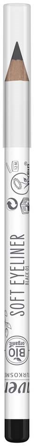 A white pencil with black tip, labeled 'SOFT EYELINER,' with small icons and text underneath.