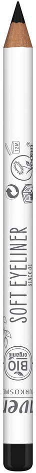 A white pencil with a black tip and brand markings, labeled as a soft eye liner for makeup.