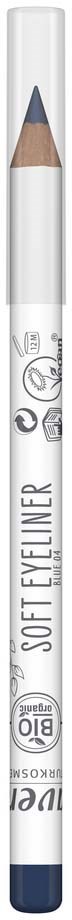 A white pen with black and blue text and icons, labeled "SOFT EYELINER," has a beige tip.