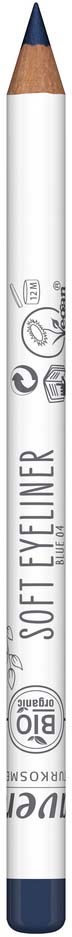 A white eyeliner pencil with a blue tip and silver markings, labeled 'SOFT EYE LINER'.