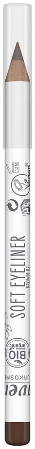 A white eyeliner pencil with brown tip and text, showing it is soft and suitable for the eyes.