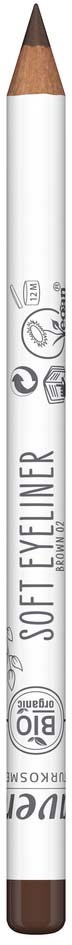 A white pencil with soft eyeliner written on it and small icons related to makeup or beauty.