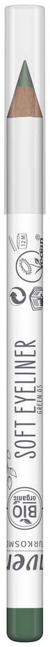 A white pencil with green cap, labeled 'Soft Eyeliner,' with icons for easy use and ingredients at the bottom.
