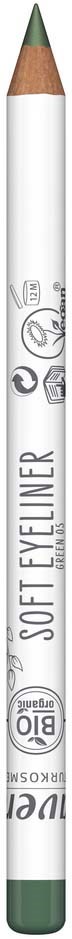 A white pencil with a green end and a sharpened tip, labeled 'SOFT EYELINER'.