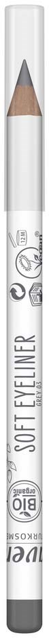A white eyeliner pencil with a sharpened tip, black cap, and brand markings, standing vertically.