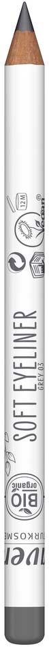 A white pencil with grey tip, labeled 'SOFT EYELINER' and some small icons and text on its body.
