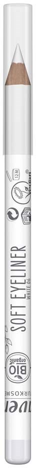 A white eyeliner pencil with various symbols and text, including a warning and a barcode, on its body.