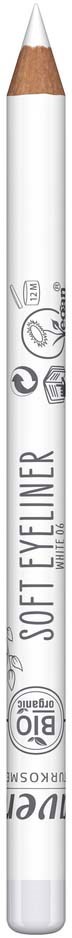 A white cosmetic pencil labeled "SOFT EYELINER" with icons and text indicating it is vegan and cruelty-free.