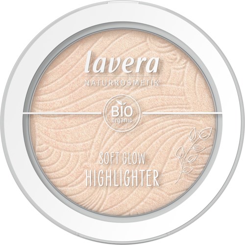 Ein runder Behälter von Lavera Bio-Highlighter mit beige, strukturierte, wellige Oberfläche.