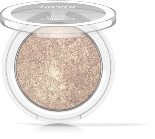 Ett rart kompakt puderhöjdpulver i ett runt vitt skal med ett genomskinligt lock, märkt 'Lavera' och 'Glow Glow Highlighter.'