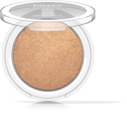 Ett runt kompakt med en beige, skimrande highlighter inuti. Locket har varumärkes- och produktinformation.