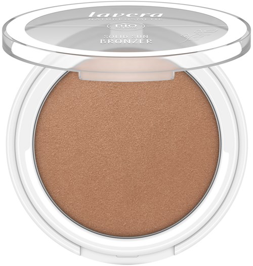 Ein Bronzer mit hellbrauner Farbe, offener Deckel, und Markenname 'Lavera' oben.