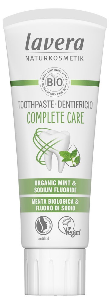 Lavera organic toothpaste with mint, fluoride, and natural ingredients for complete dental care, vegan and eco-friendly.