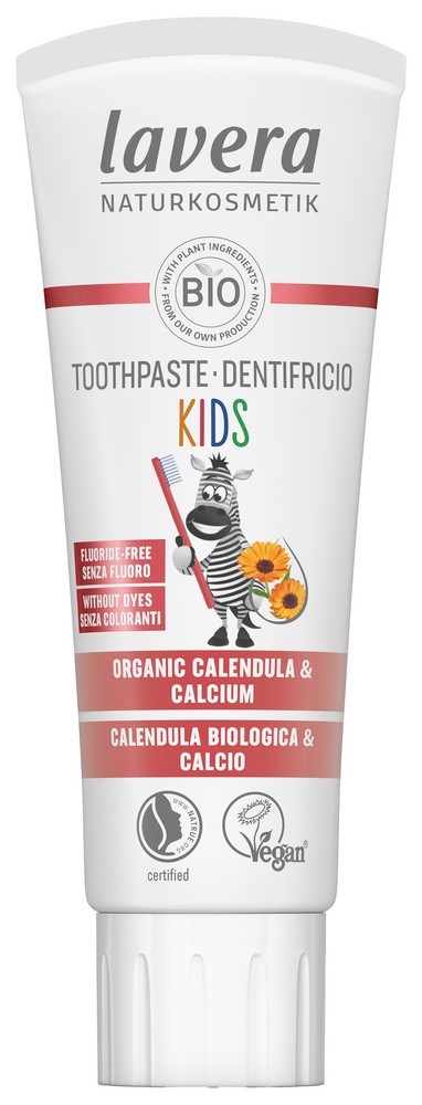 A white tube of Lavera kids organic toothpaste with colorful label, showing a zebra, sunflower, and mentions organic ingredients.