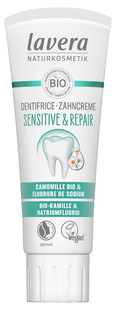 A toothpaste tube labeled 'Lavera Sensitive & Repair' with natural and organic ingredients, suitable for sensitive teeth.