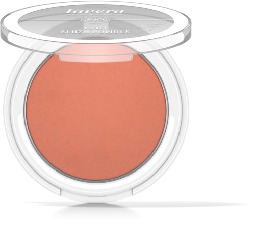 A compact with peach blush inside and clear lid showing the blush color. The brand is Lauvera.