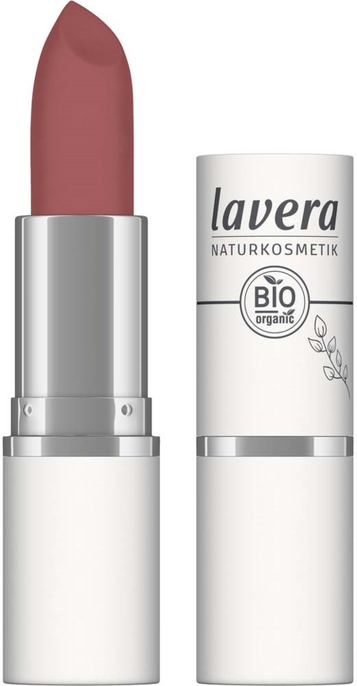 Et rosa leppestift i sølvemballasje med lokk fra Lavera Organic. Lokket er tatt av, og viser leppestiftet.
