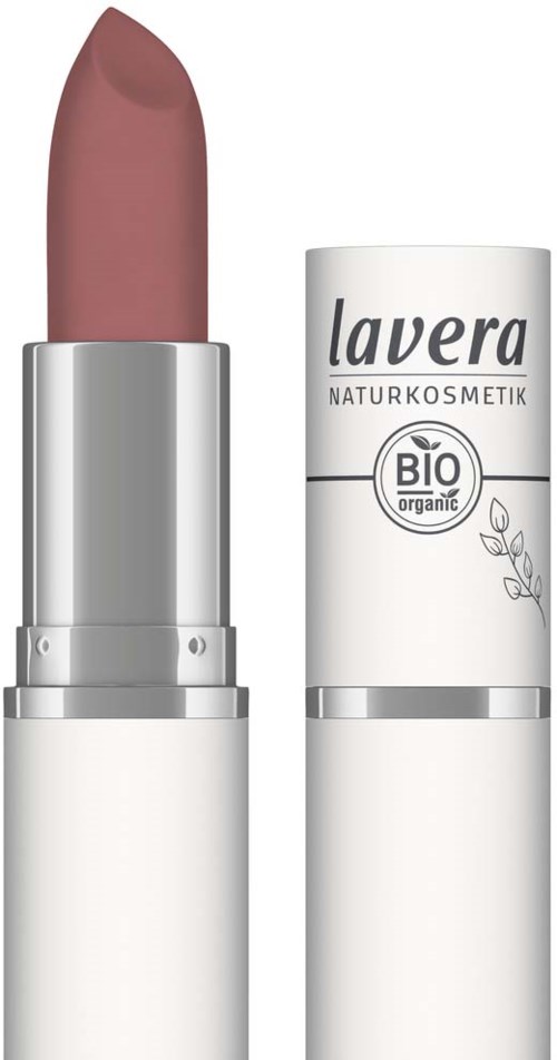 Lyserosa leppestift i sølvhylse med hvit lokk merket Lavera Naturkosmetik BIO.