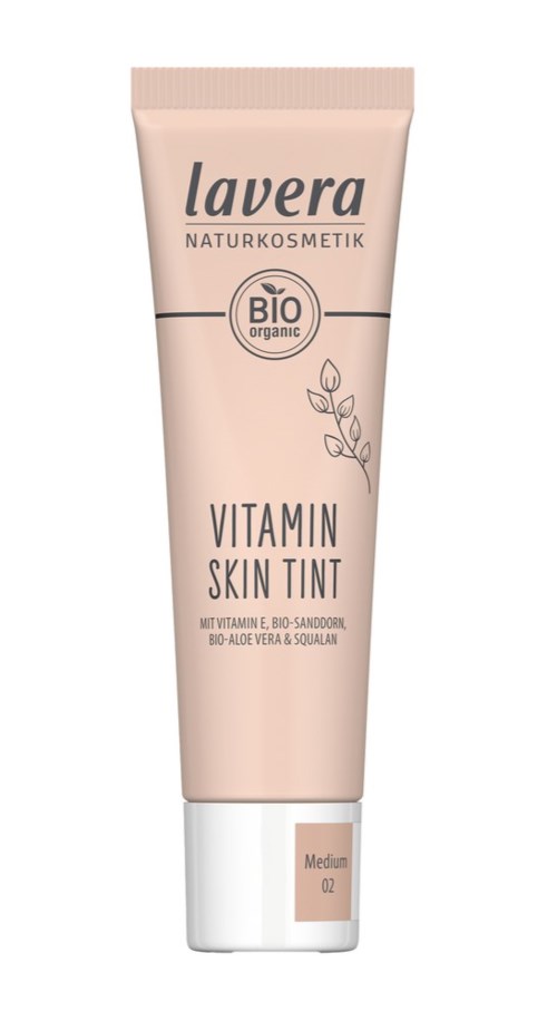 A tube of Lavera Vitamin Skin Tint with organic ingredients, light shade, and a simple design.