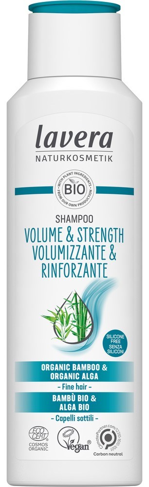 White shampoo bottle with blue and green text, featuring a bamboo plant illustration and labels for organic bamboo and algae.