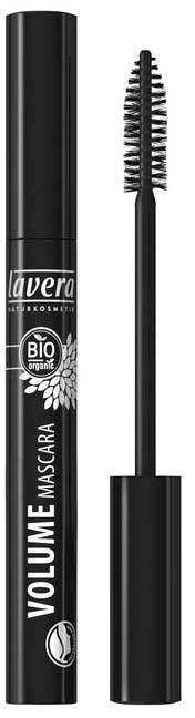 A black mascara tube with a brush applicator, labeled "Volume Mascara" and "Bio" organic, with white text and a leaf logo.