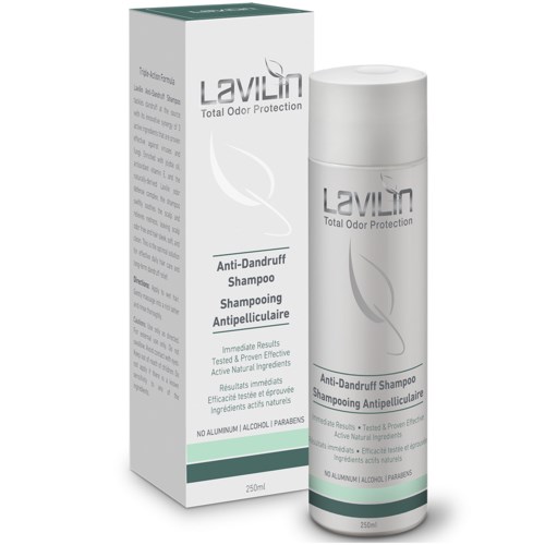 Eine weiße Flasche und Box für Lavlin Anti-Dandruff Shampoo, mit Text und einem Blattdesign, das natürliche Inhaltsstoffe anzeigt.