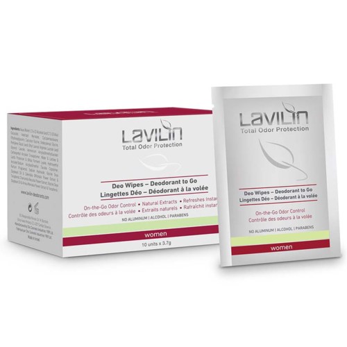 Eine Schachtel und ein Beutel Laviln Deodorant-Feuchttücher für Frauen, um Geruch mit natürlichen und alkoholfreien Inhaltsstoffen zu kontrollieren.