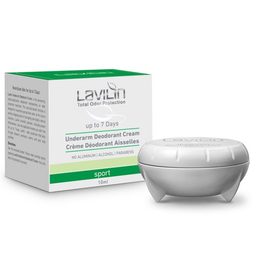 Ein kleiner silberfarbener Behälter und eine Box mit grünen und weißen Farben, beschriftet Lavish Deodorantcreme für Sport, 10 ml.