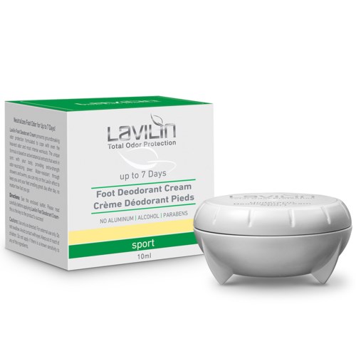 Fuß-Deodorantcreme in einem kleinen weißen Behälter mit einer Schachtel kennzeichnet 'Lavilin' und 'sport', behauptet bis zu 7 Tage Schutz.