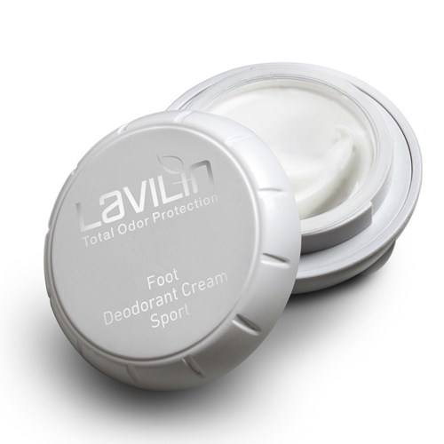 Ein weißer runder Behälter mit Deckel, beschriftet 'LAVIV Total Odor Protection Foot Deodorant Cream Sport', für Fußgeruch.