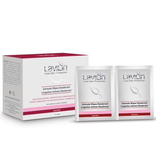 Schachtel und zwei Beutel Lavlin Intim-Wischtücher Deodorant für Frauen. Weiß und rosa Verpackung.