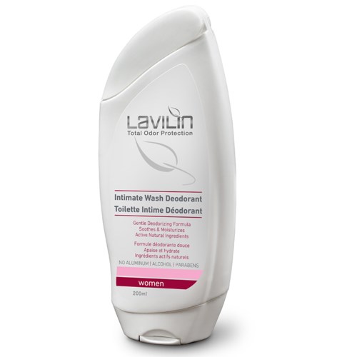 Eine weiße Flasche Laviln Intimwasch-Deodorant für Frauen mit rosa und grauer Beschriftung. Es ist ein sanftes, deodorierendes Produkt.