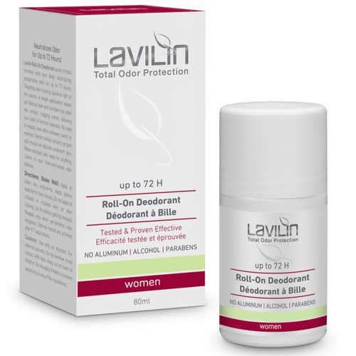 A roll-on deodorant container and box, white with pink and green labels, for women, provides protection up to 72 hours.