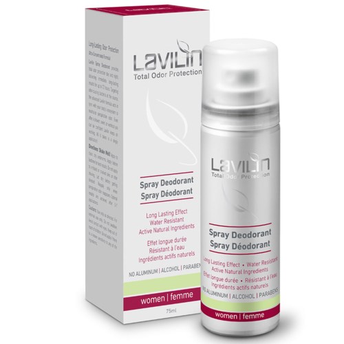 A white spray deodorant with a pink label inside a box, labeled for women and containing 75ml.