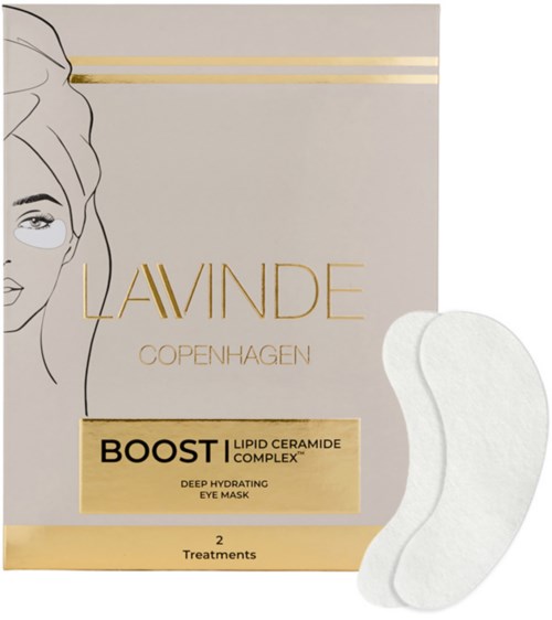 De doos toont Lavinde Copenhagen BOOST Lipiden en keramische diepe hydraterende oogmasker met twee behandelingen.
