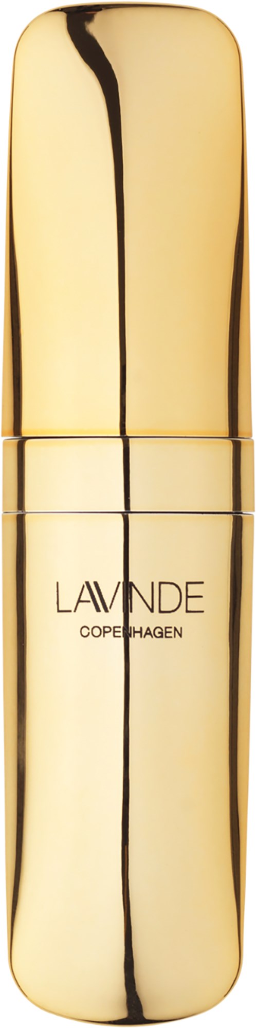 Ein goldfarbener, zylindrischer Flakon mit abgerundetem Deckel, beschriftet Lavande Copenhagen, wirkt elegant und luxuriös.