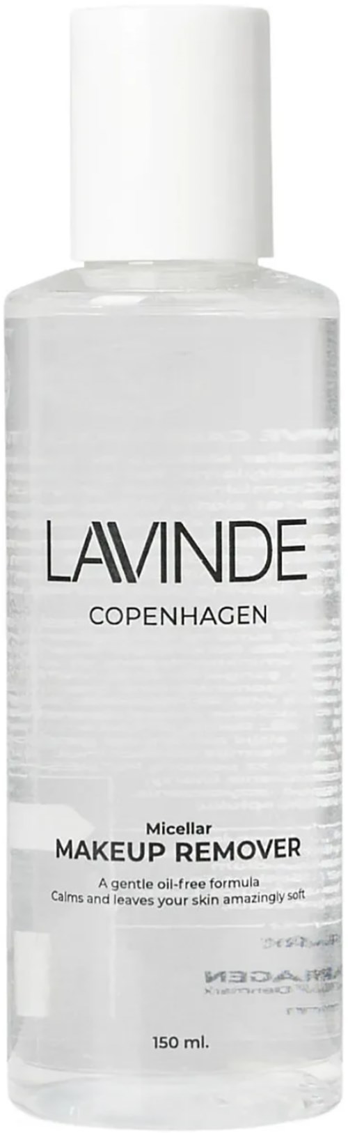 Een heldere plastic fles met Lavinde Copenhagen make-up remover met witte dop en label.