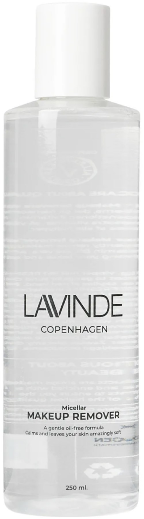 Een heldere fles Lavinde Copenhagen make-up remover met een witte dop en eenvoudig label.