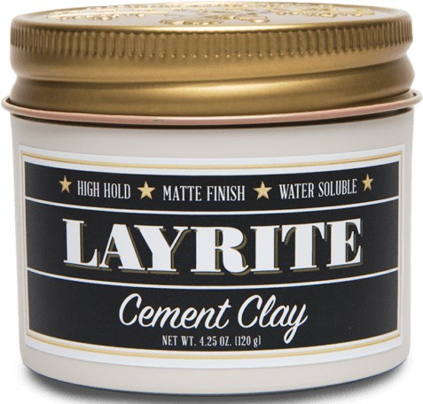 A small container of Layrite Cement Clay with gold lid, labeled as water soluble, matte finish, and high hold.