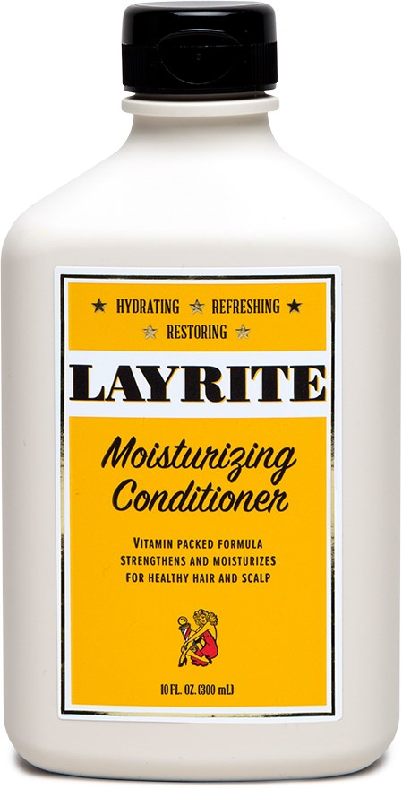 A white bottle with a black cap labeled 'Layrite Moisturizing Conditioner', featuring yellow and black text, and a small logo.