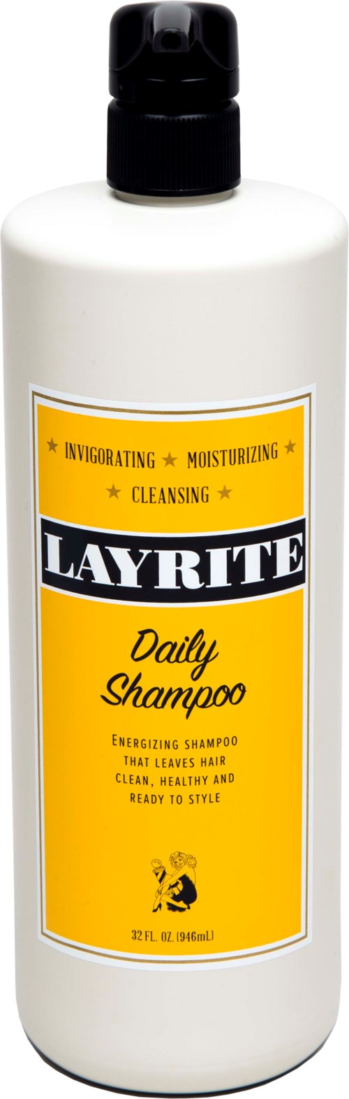 A white bottle of Layrite Daily Shampoo with a black pump, yellow label, and black and white text.