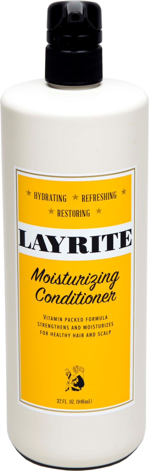 A white bottle of Layrite Moisturizing Conditioner with a black pump, yellow label, and black text.