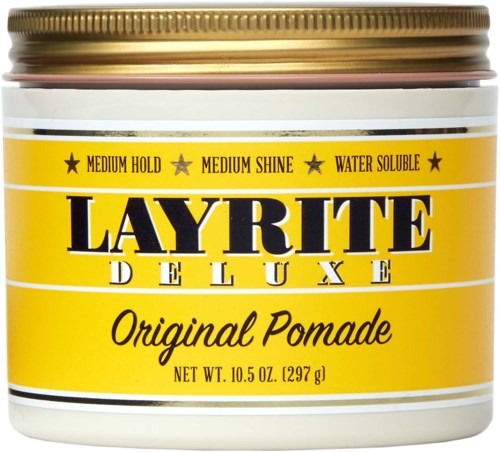 A yellow container of Layrite Deluxe Original Pomade with a brown lid, showing it is water soluble and medium hold.