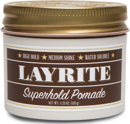 A round container with a gold lid, labeled Layrite Superhold Pomade, describes its features like high hold, medium shine, water solubility.