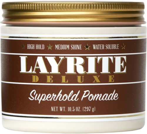 Brown and white container of Layrite Deluxe Superhold Pomade with gold lid.