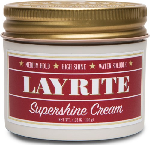 A small jar of Layrite Supershine Cream with a red and white label and a gold lid.