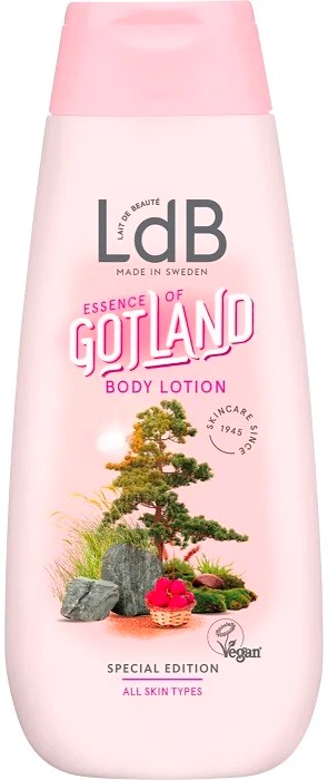 Rosa Körperlotionflasche mit Baumzeichnung, Marke sagt 'GOTLAND'. Für alle Hauttypen und vegan.