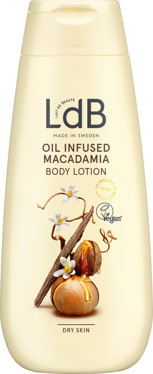 Eine Flasche Körperlotion mit Macadamia und Vanille, geeignet für trockene Haut, hergestellt in Schweden.