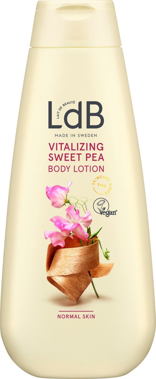 Eine Flasche LdB Körperlotion mit pinken Sweet Pea Blumen auf dem Etikett, für normale Haut. Hergestellt in Schweden.